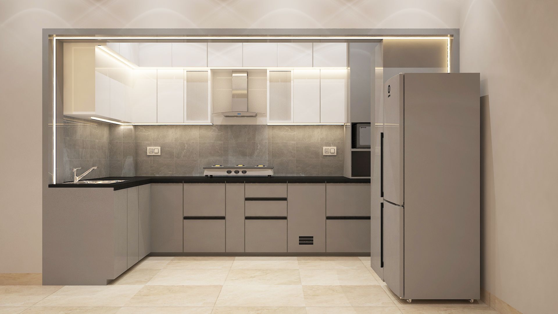 L-shaped modular kitchen design with glossy finish cabinets and smart storage solutions by Interior Bee in Patna.