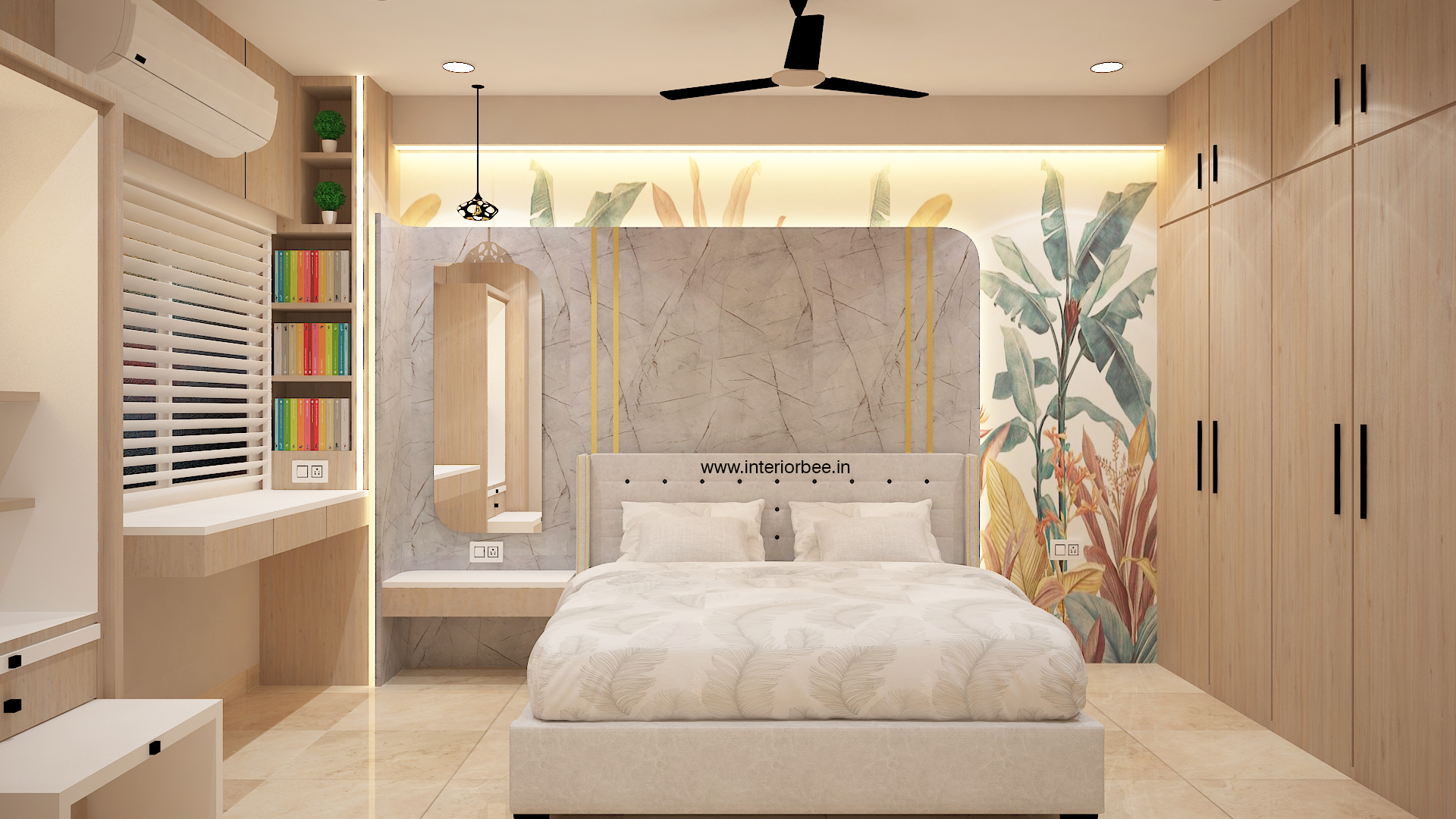 Luxury master bedroom interior with back panel, false ceiling and warm lighting designed by Interior Bee in Patna.