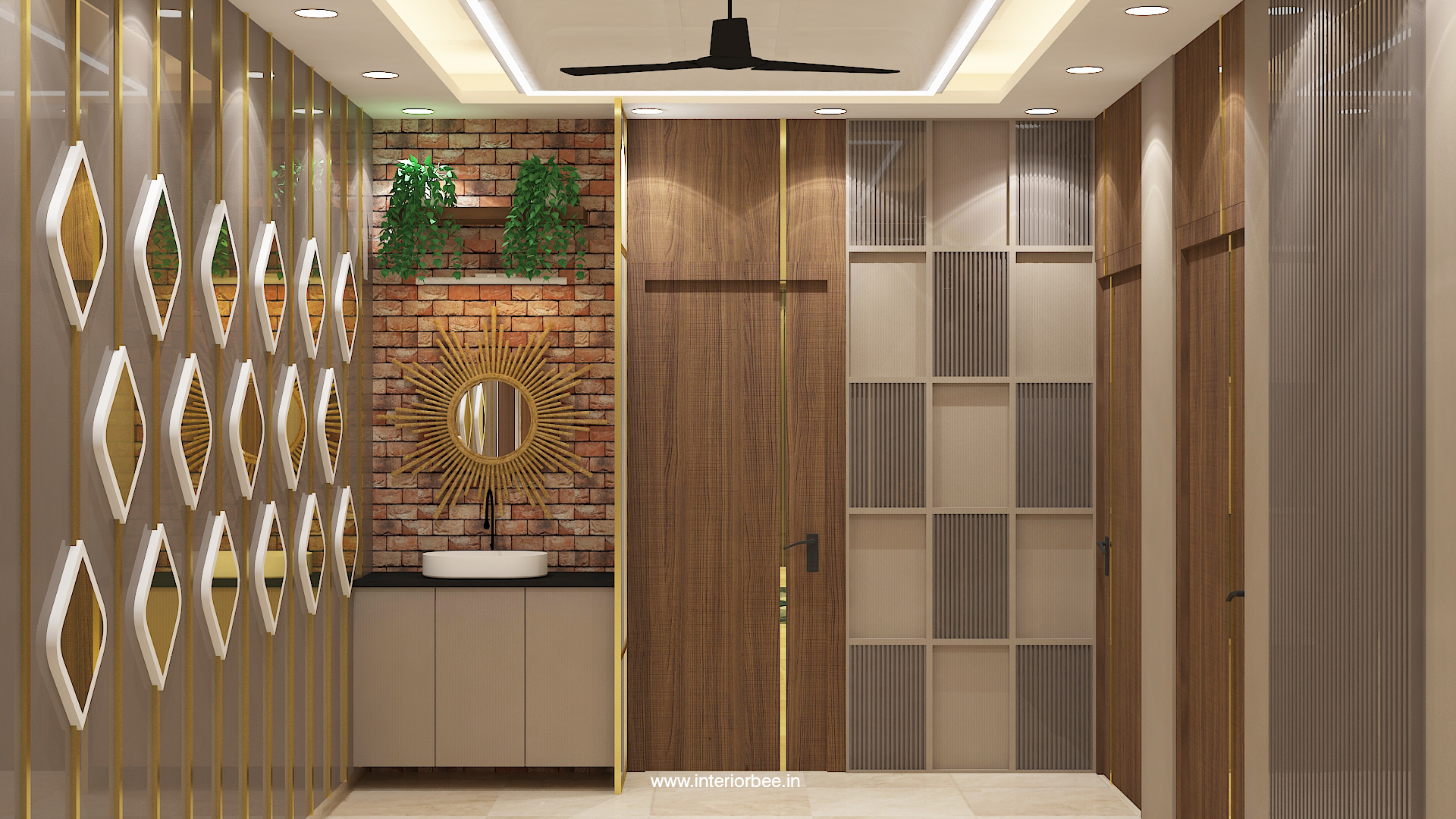 Luxury living room interior with wooden textures, glass on wall and contemporary design elements designed by Interior Bee in Patna.
