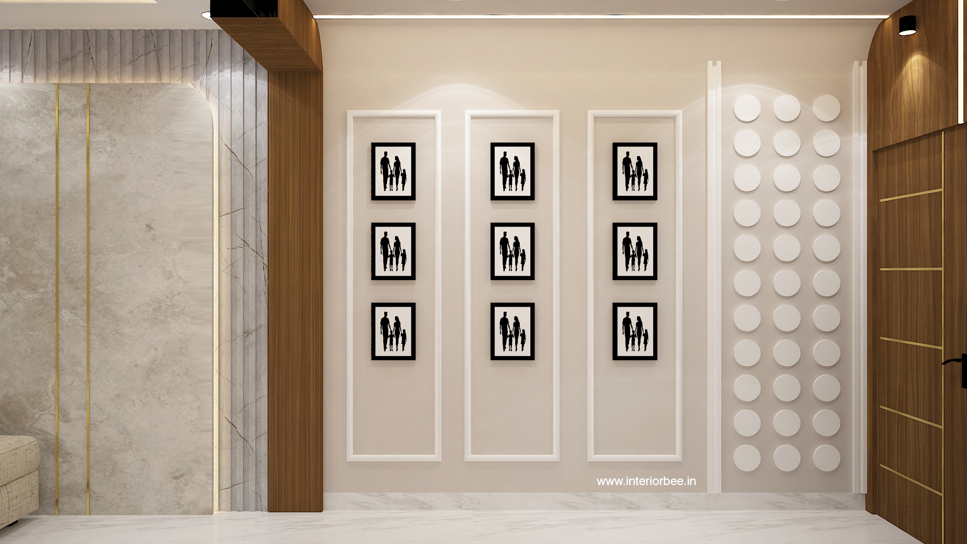 Residential foyer interior with wooden textures, feature pop moulding wall, and welcoming entrance design for a 3BHK apartment designed by Interior Bee in Patna.