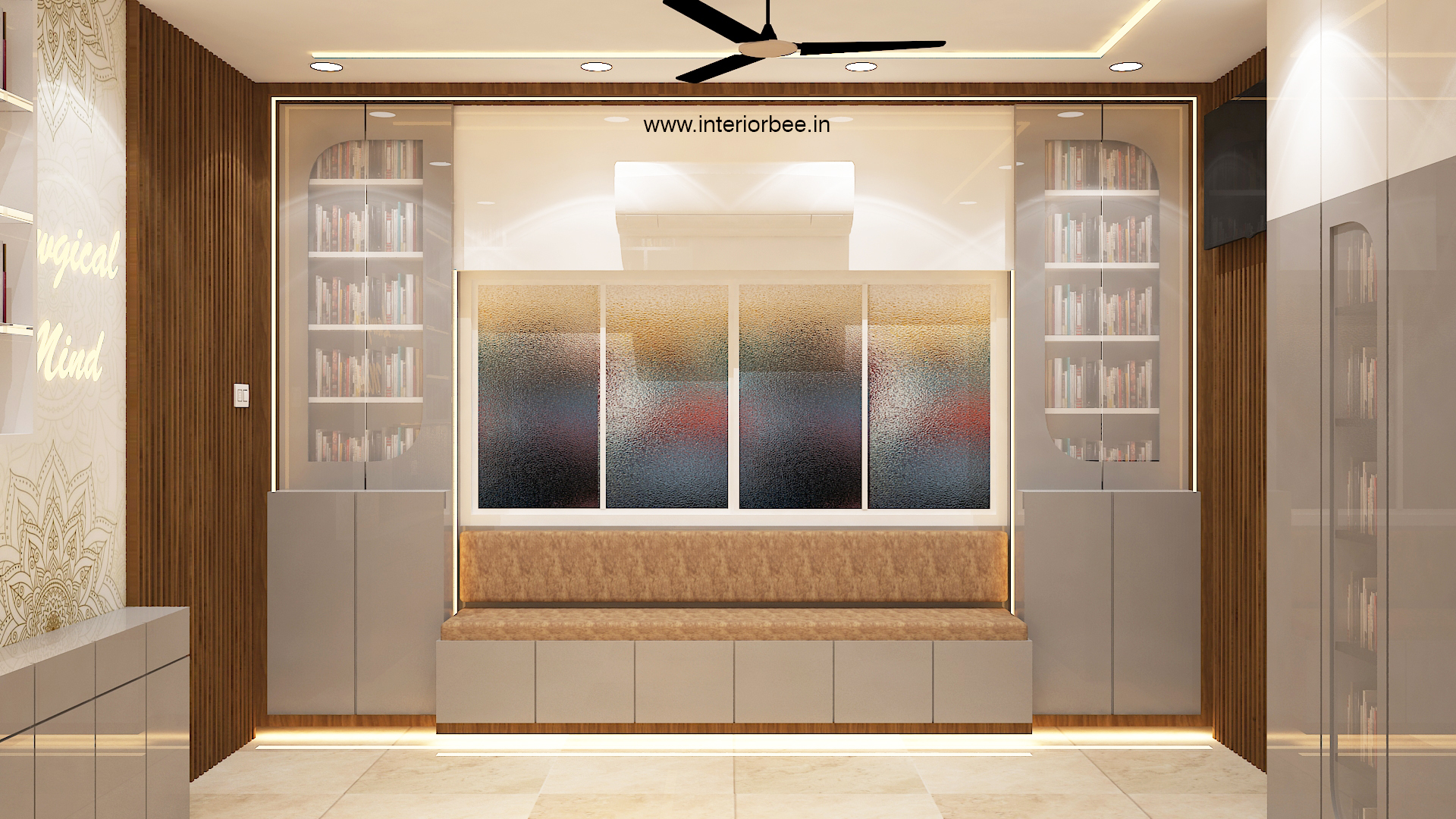 Study room design with clean lines, neutral color palette, and functional interior planning by Interior Bee in Patna.