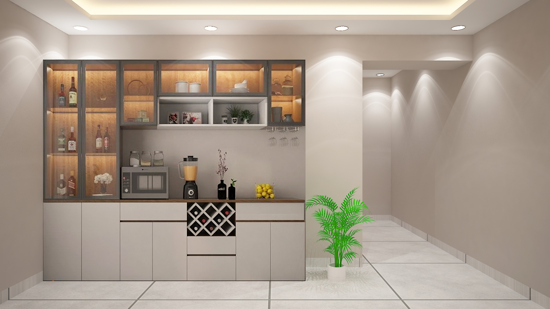 Elegant crockery unit with ample storage with glass shutter and ambient lighting designed by Interior Bee in Patna.