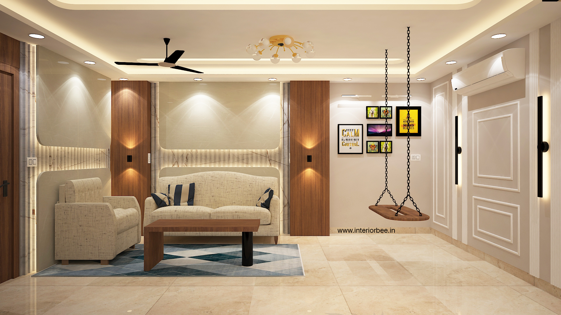 Elegant living room interior with balanced lighting and functional furniture layout with a swing designed by Interior Bee in Patna.