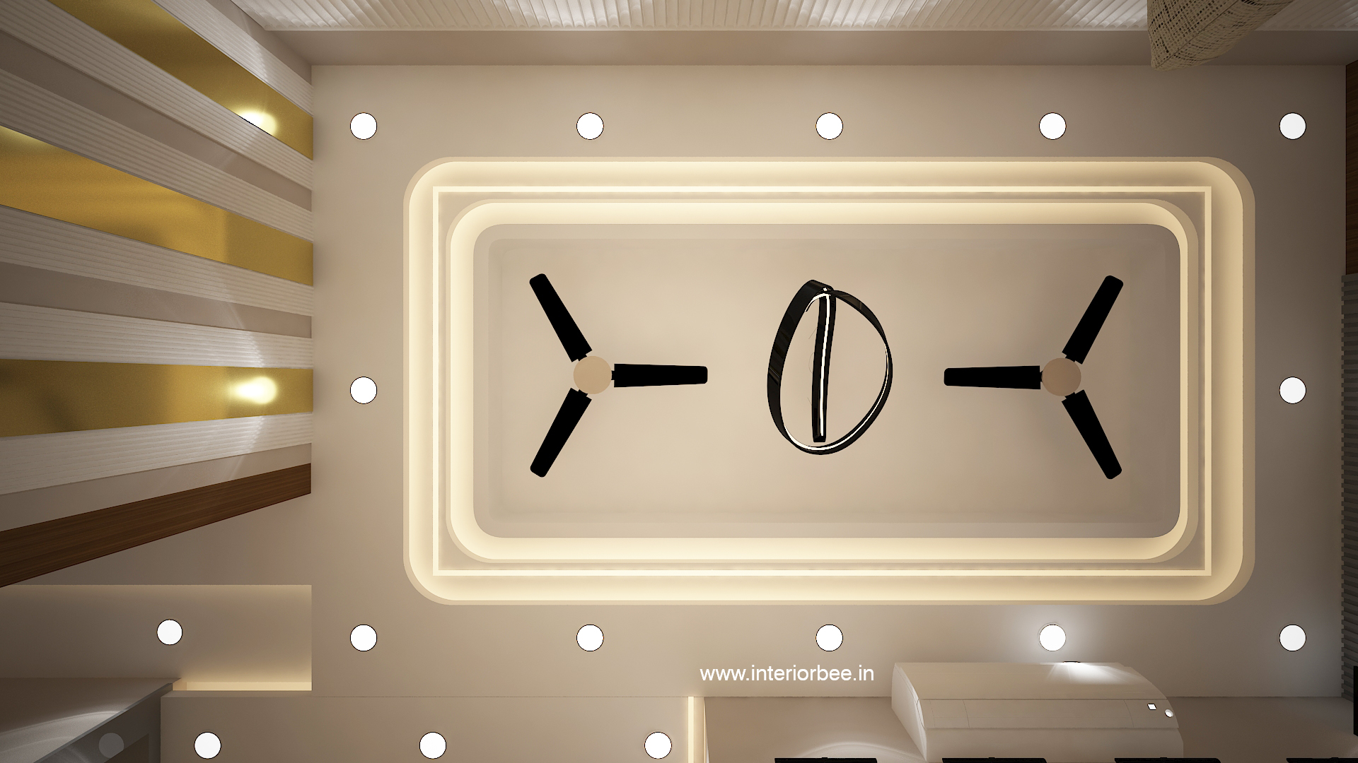 Modern pop false ceiling design with concealed LED lighting for a contemporary living room in a 3BHK apartment by Interior Bee in Patna.
