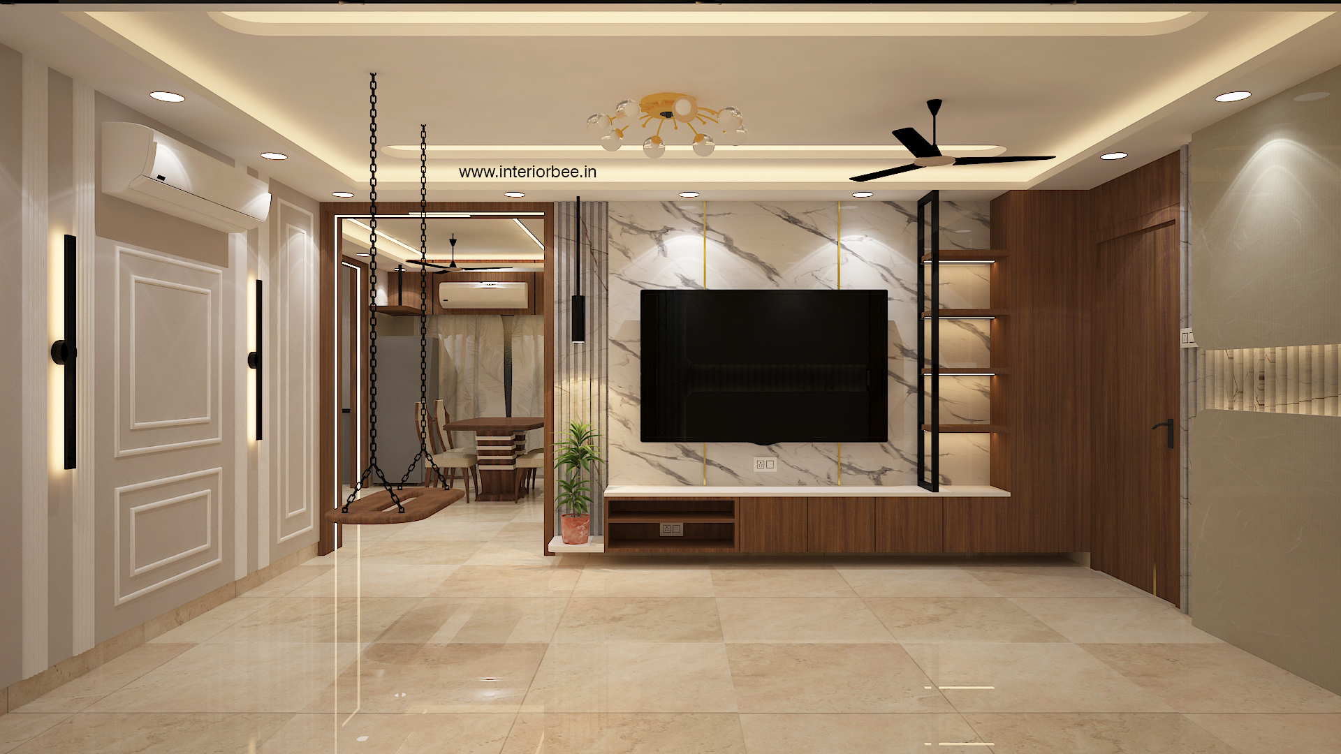 Modern living room interior with TV unit, decorative wall panel and ambient lighting by Interior Bee