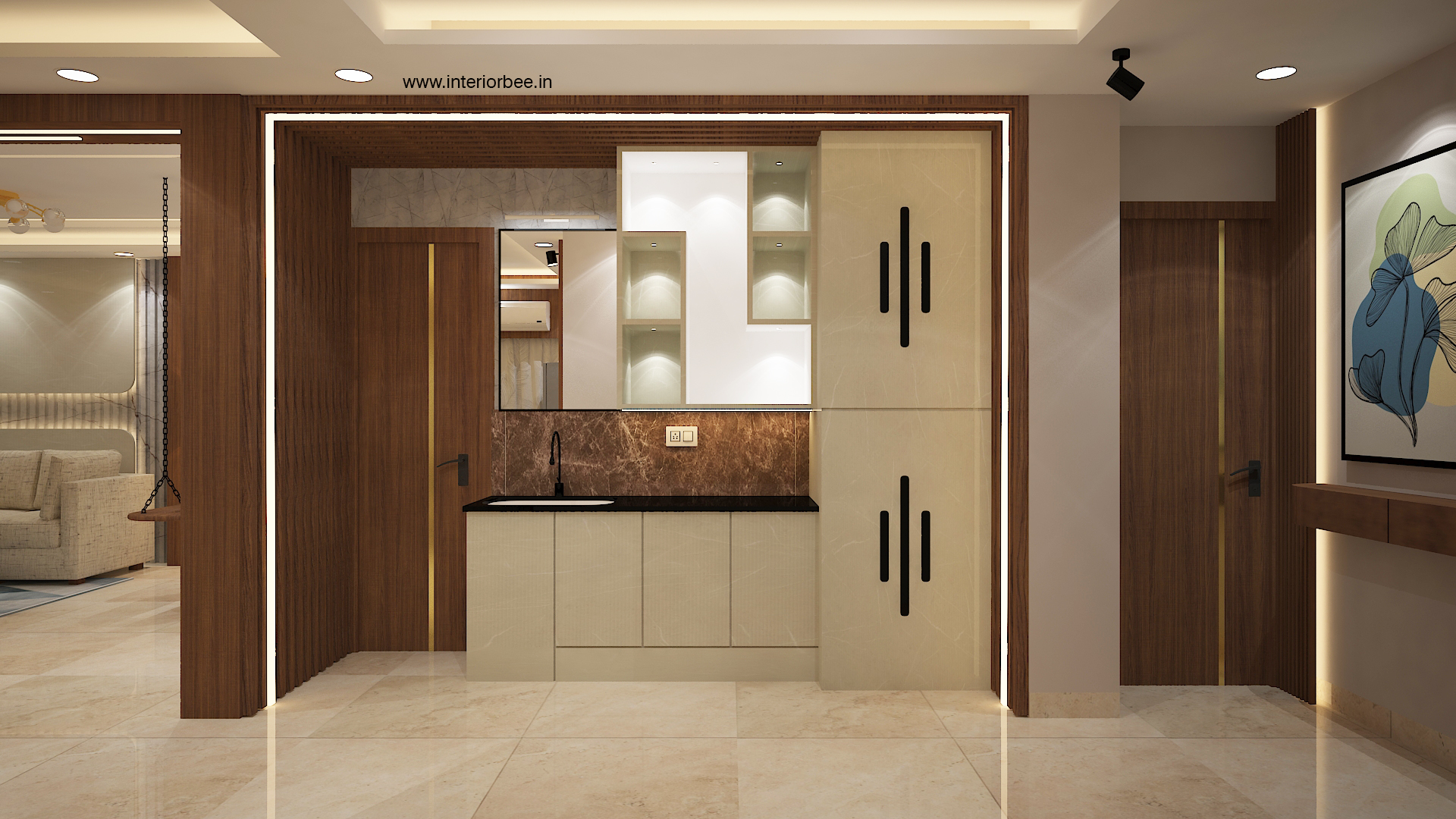 Elegant, functional and smart storage solution for utility area in 3bhk flat designed by Interior Bee in Patna.