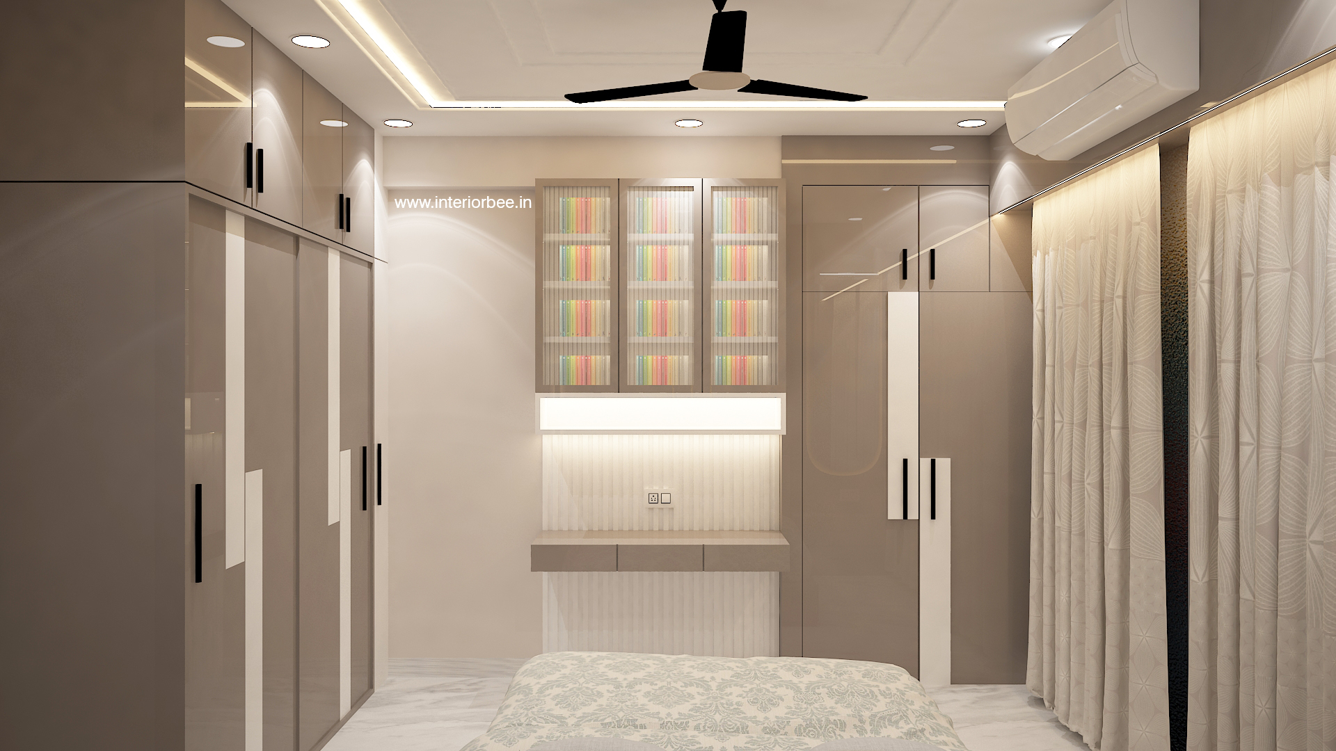 Modern bedroom design with sliding wardrobe, study table and ambient lighting by Interior Bee in Patna.