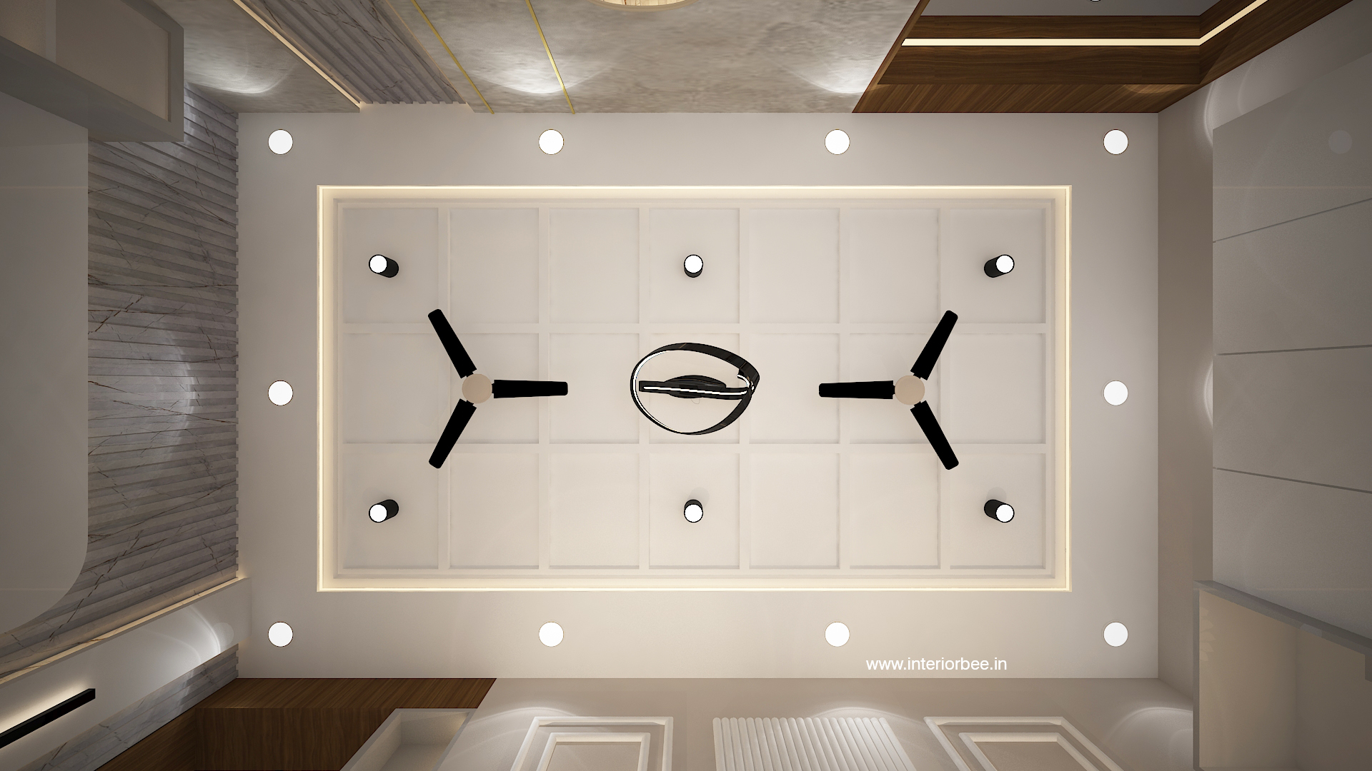 Elegant false ceiling design enhancing visual depth and lighting distribution in a modern home by Interior Bee in Patna.
