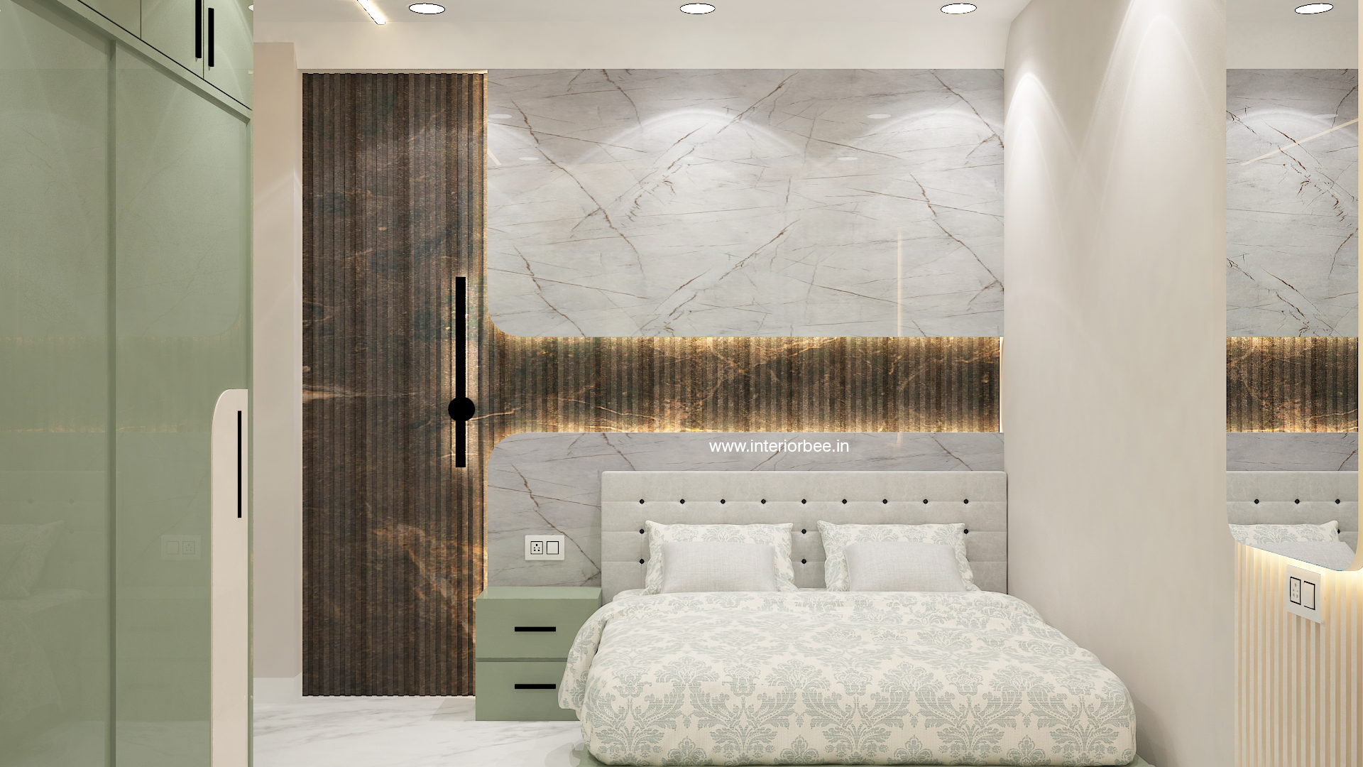Modern bedroom interior design with custom wardrobe and wooden accent wall by Interior Bee in Patna