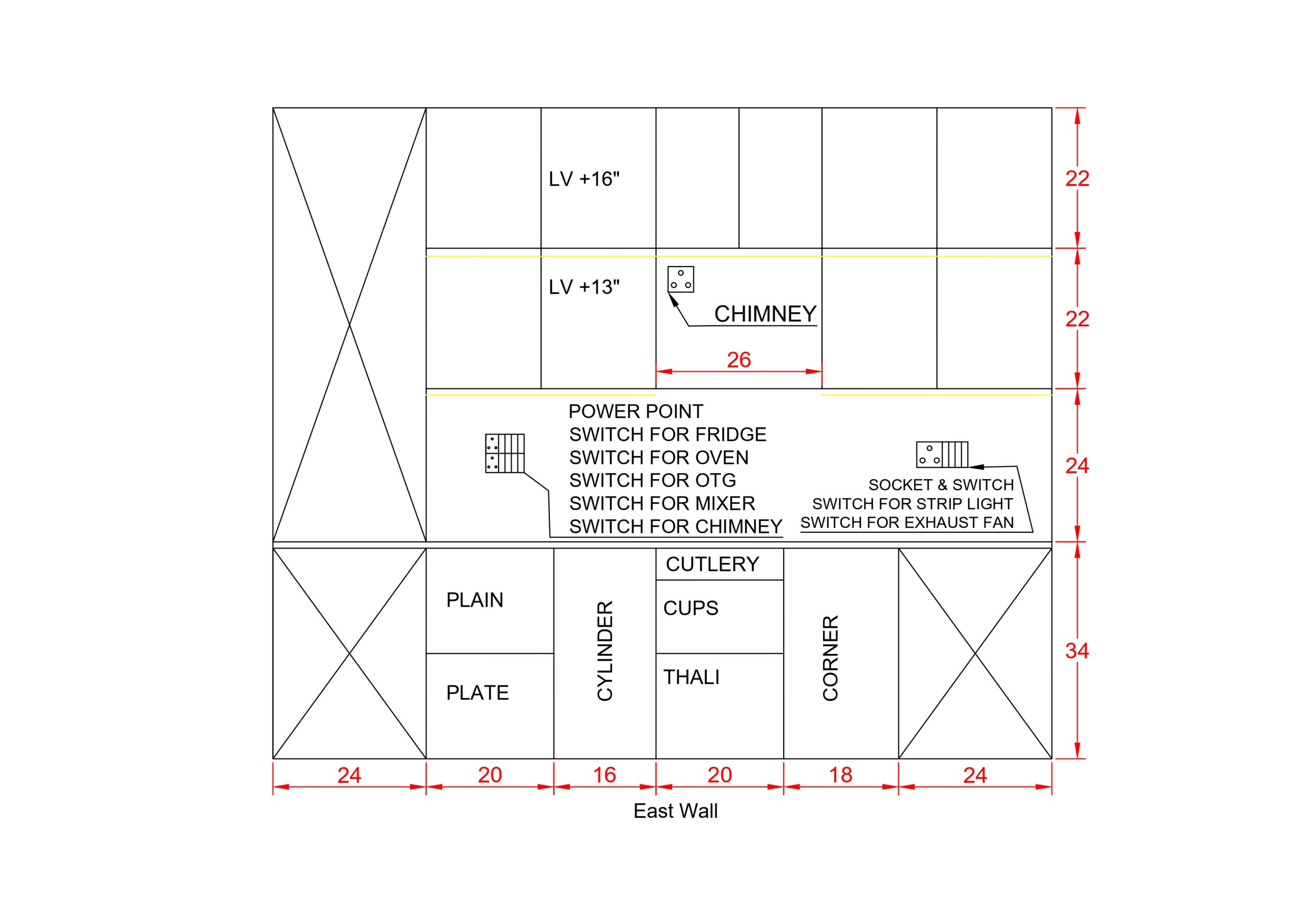 2D of a space-saving modular kitchen interior designed for a 3BHK apartment by Interior Bee in Patna.